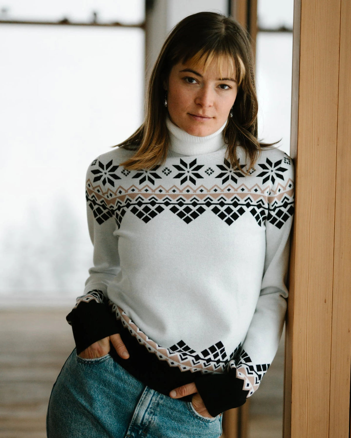 Spyder Stellar Ski Sweater in White, lifestyle view
