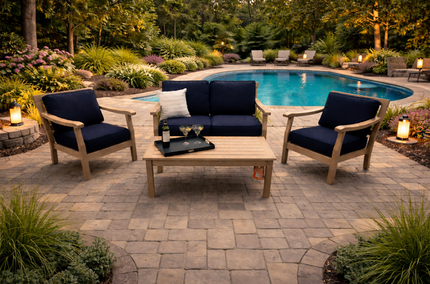 Poly Teak - Santa Monica Seating Group w/ Navy Sunbrella Cushions