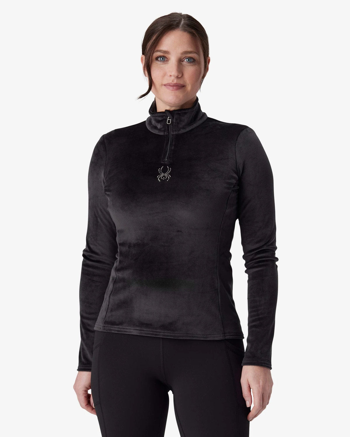Spyder Shimmer Bug 1/2 Zip in Black, front view on model