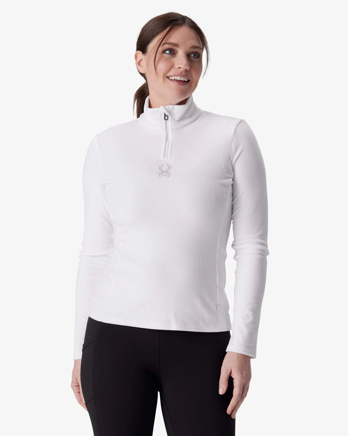 Spyder Shimmer Bug 1/2 Zip in White, front view on model