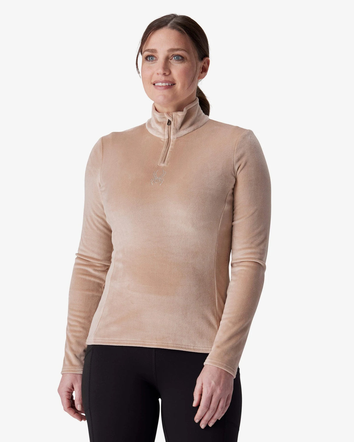 Spyder Shimmer Bug 1/2 Zip in Tan, front view on model