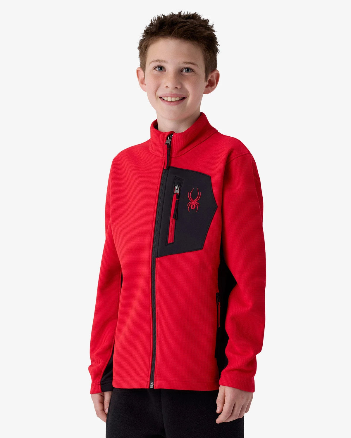 Spyder Bandit Sweater Fleece Jacket in Spyder Red, front view on model
