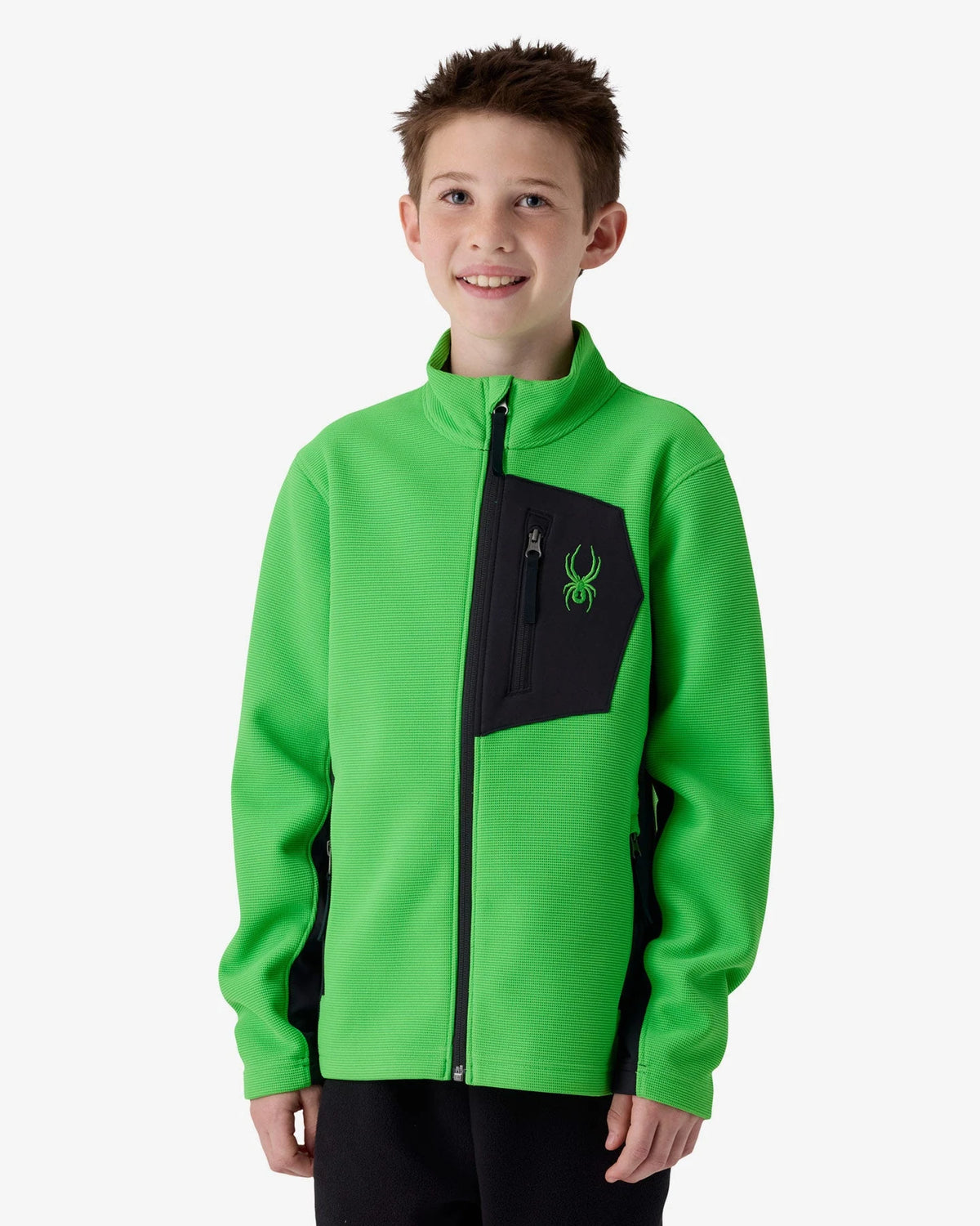 Spyder Bandit Sweater Fleece Jacket in Strobe Green, front view on model