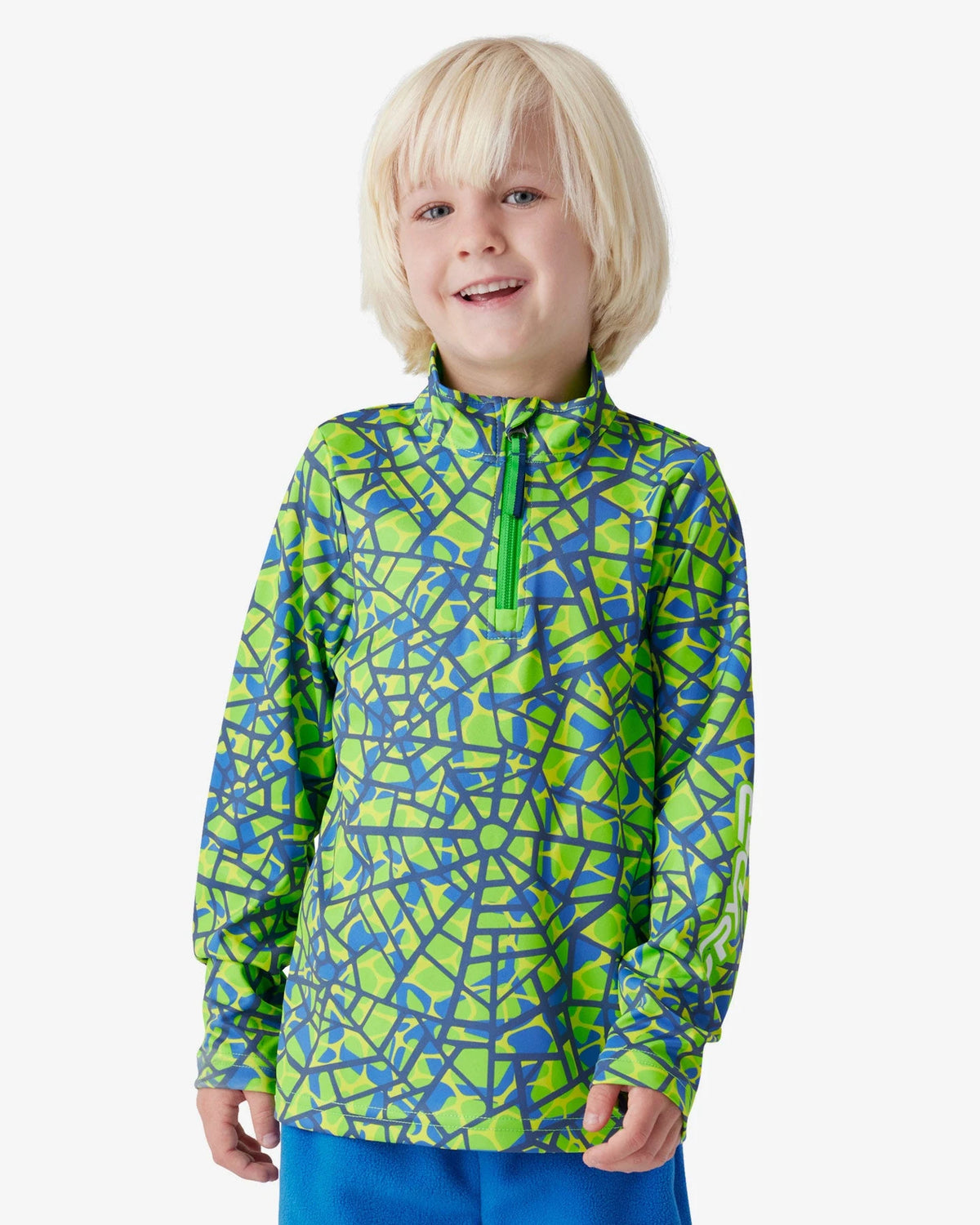Spyder Challenge 1/2 Zip in Strobe Green Webs, front view on model