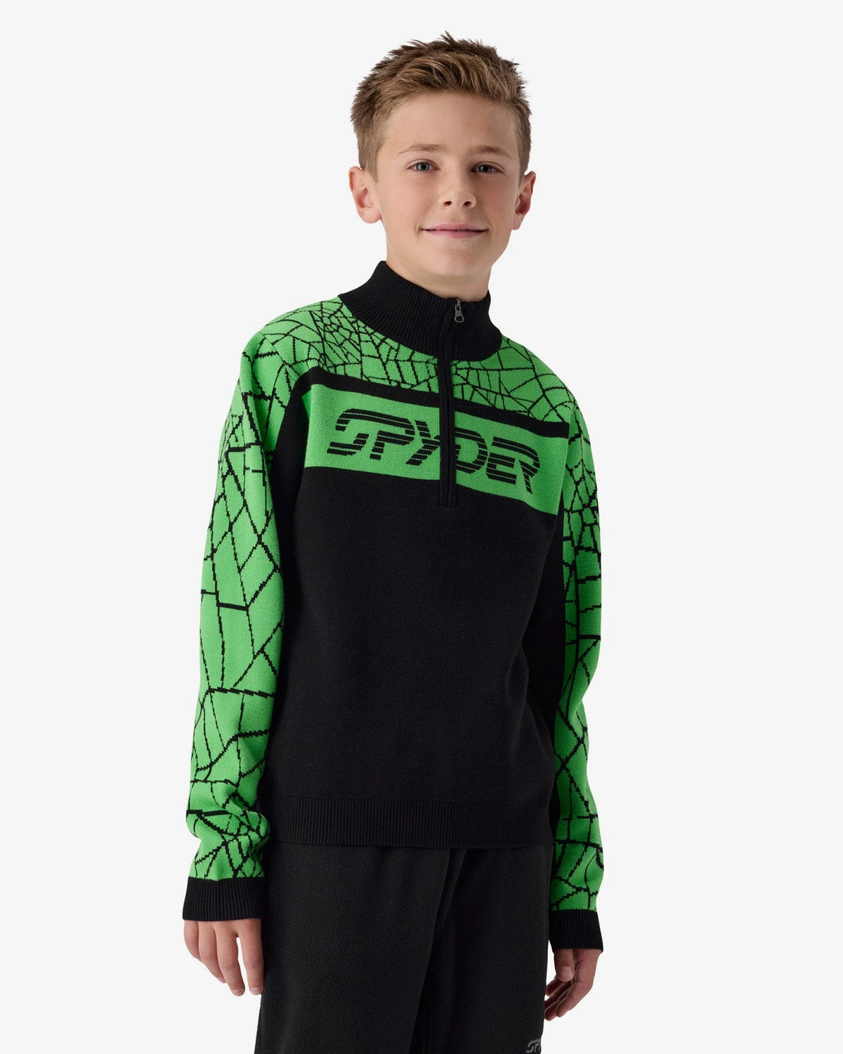 Spyder Blizzard Ski Sweater in Strobe Green Webs, front view on model