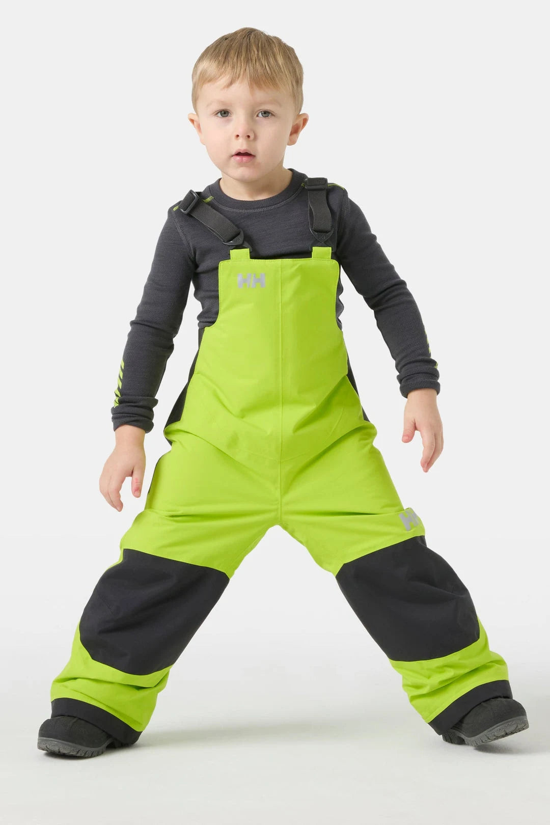 Helly Hansen Kids Rider 2 Insulated Bib in Luminous Green, on-body front