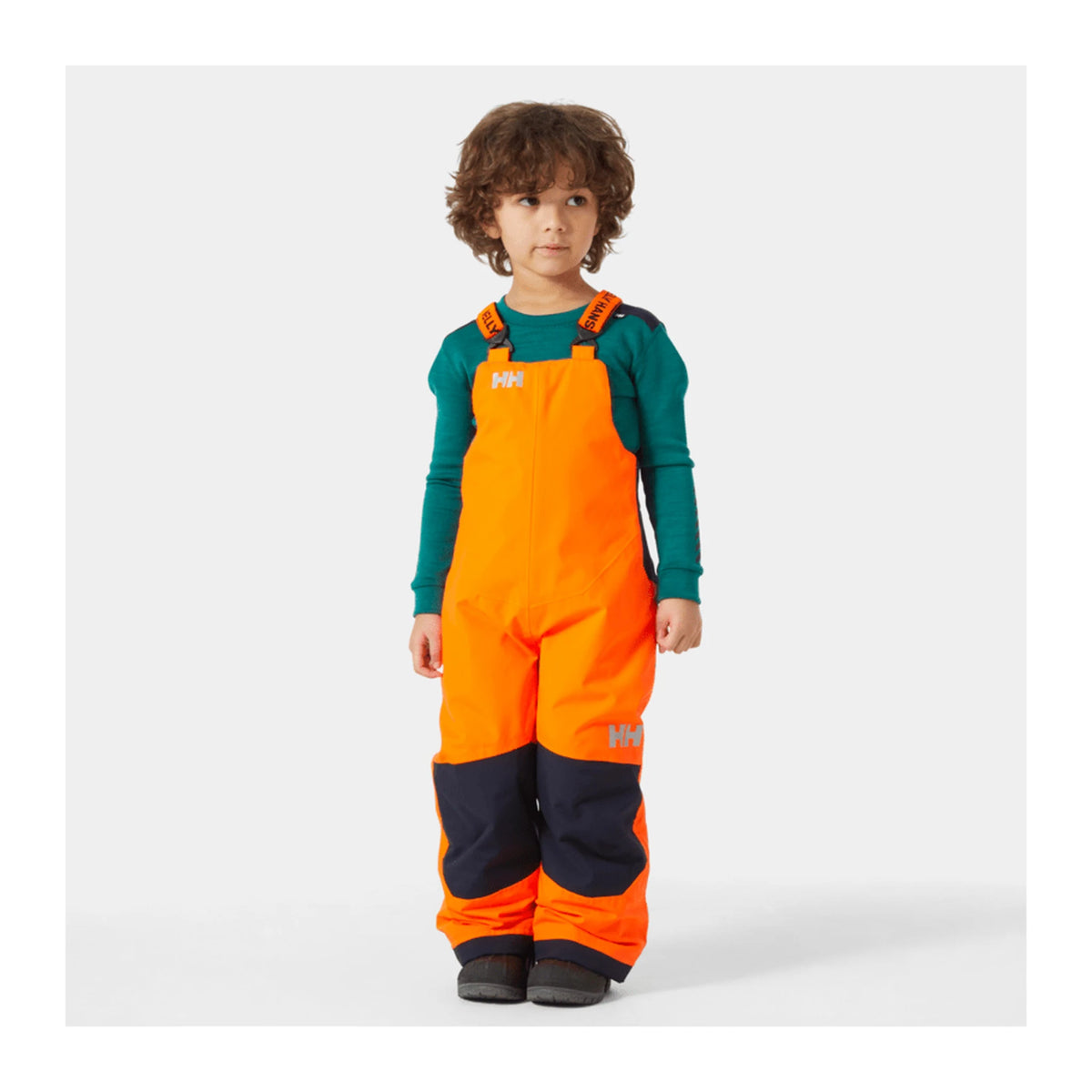 Helly Hansen Kids Rider 2 Insulated Bib in Neon Orange, on-body front