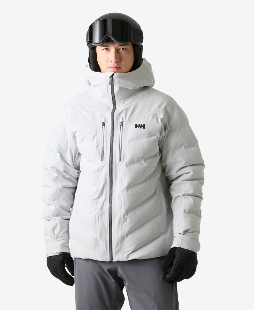 Helly Hansen Alpha Puffy Jacket in Grey Fog, on-body front