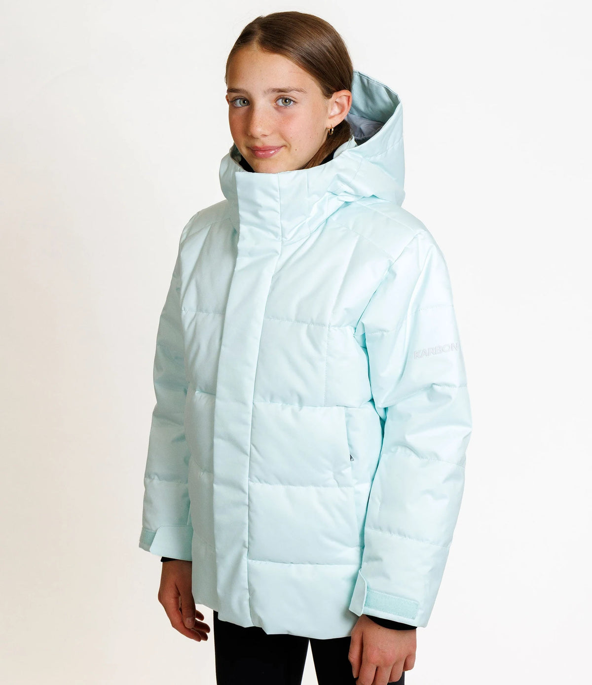 Karbon Cirrus Ski Jacket in Sea Breeze, on-body front