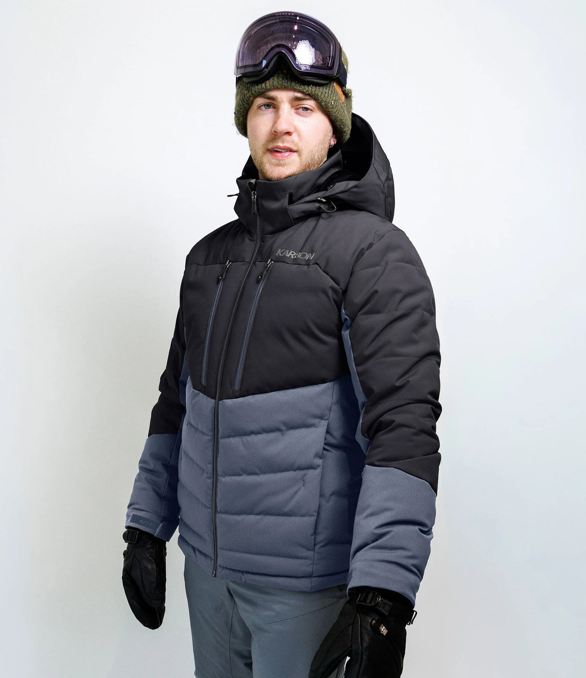 Karbon Kryos Mens Ski Jacket in Slate, on-body front