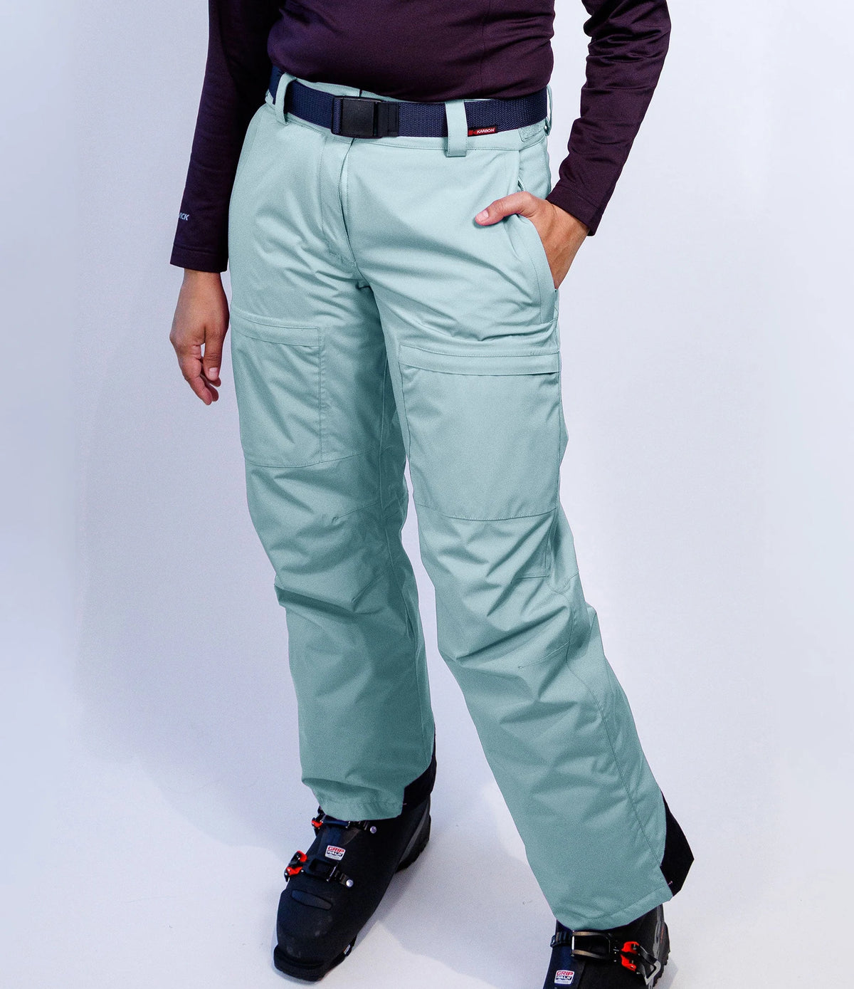 Karbon Neve Ladies Ski Pant in Sea Glass, on-body front