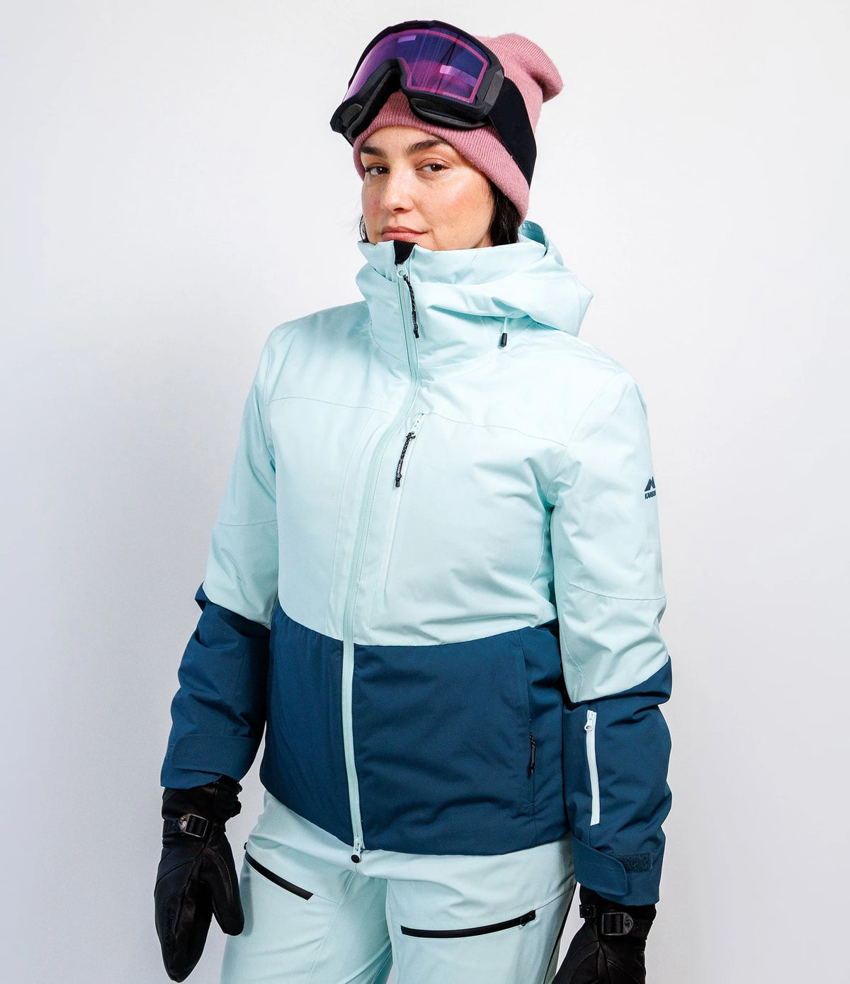 Karbon Solstice Ladies Ski Jacket in Sea Glass, on-body front