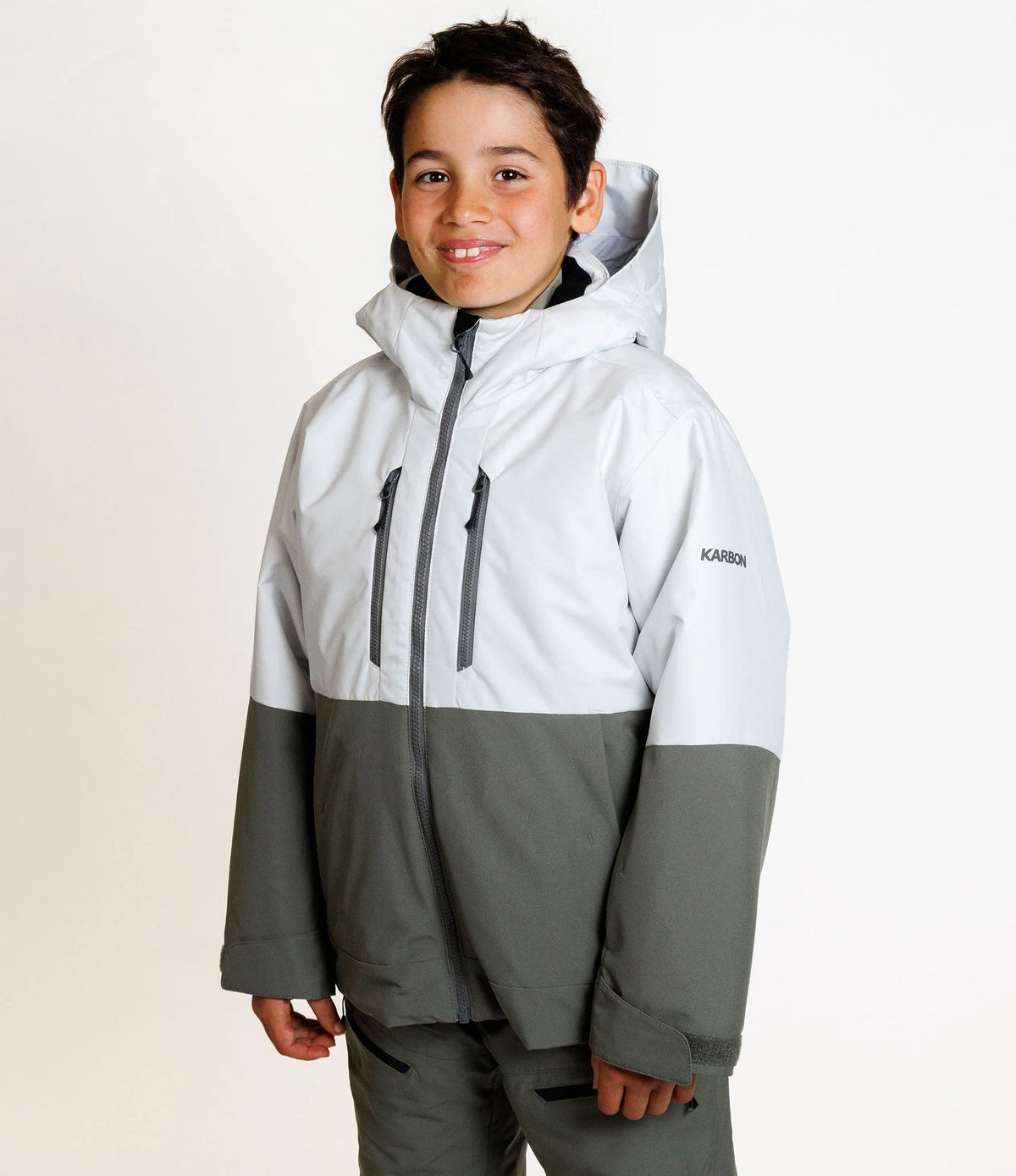 Karbon Squall Boys Ski Jacket in Oyster, on-body front