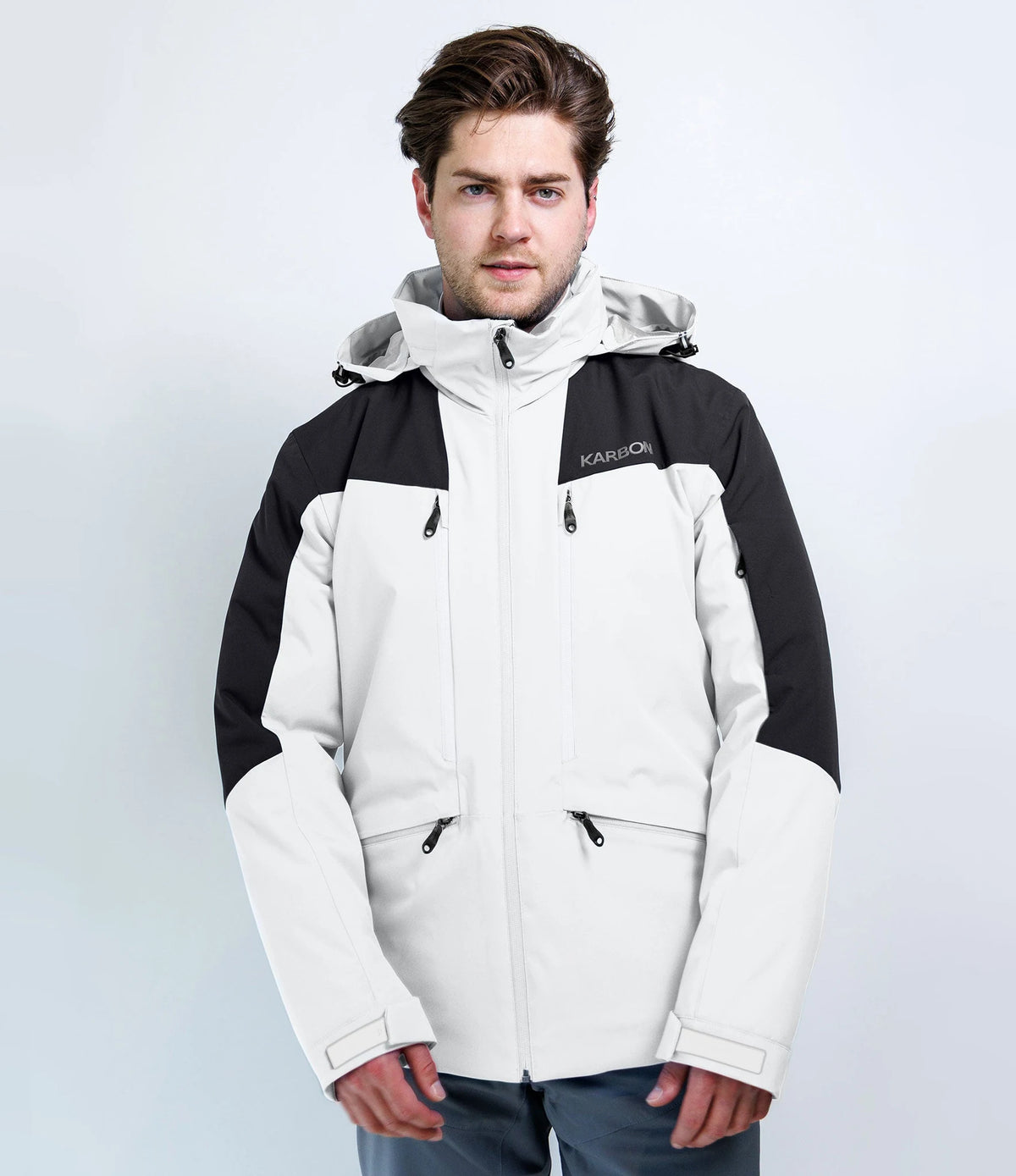 Karbon Triton Mens Ski Jacket in Arctic White, on-body front