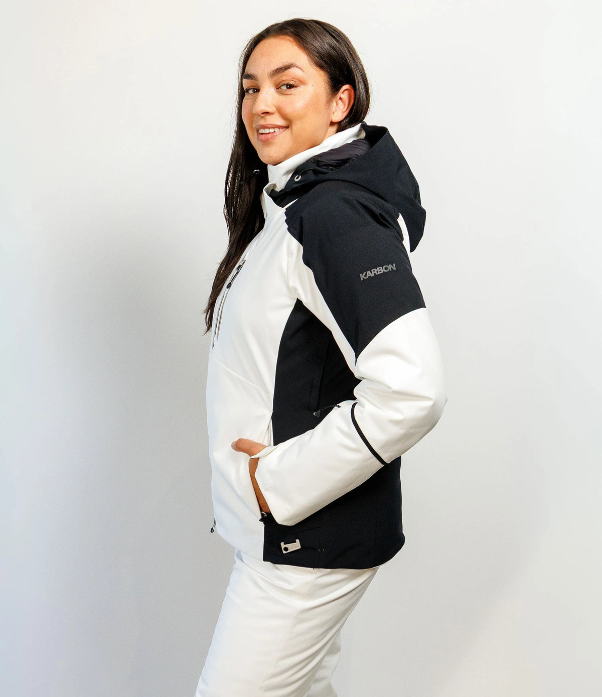 Karbon Zenya Ladies Ski Jacket in Arctic White, on-body front