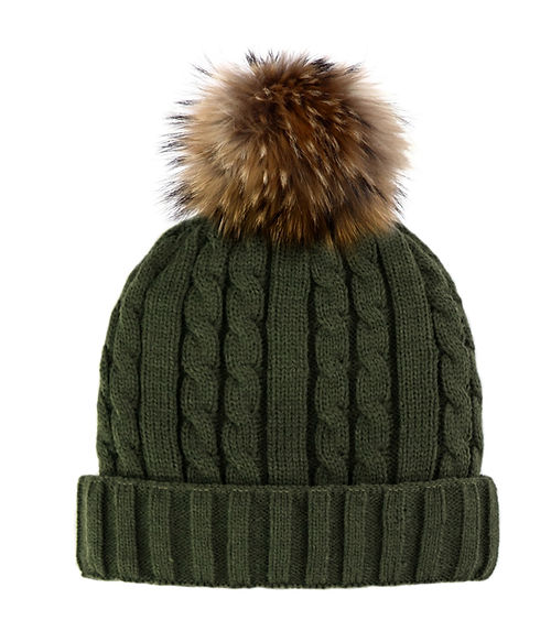 Mitchies Matchings Cable Knit Beanie w/ Fleece Lining & Pom Khaki / Finn Raccoon Pom