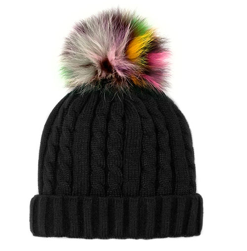 Mitchies Matchings Cable Knit Beanie w/ Fleece Lining & Pom Black / Rainbow Fox Pom