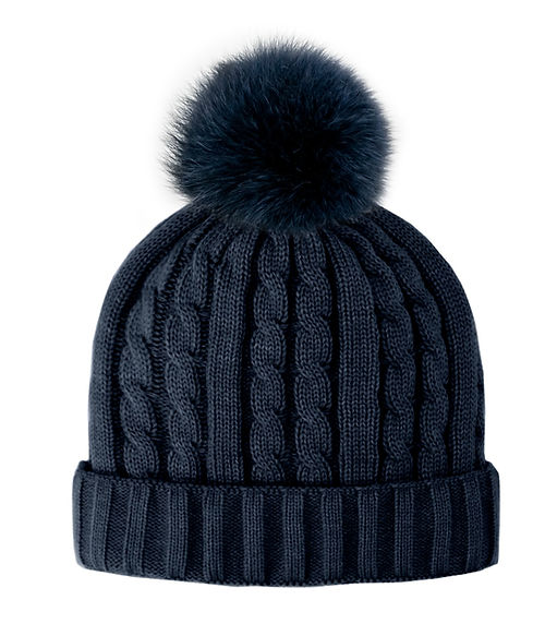 Mitchies Matchings Cable Knit Beanie w/ Fleece Lining & Pom Navy / Navy Fox Pom