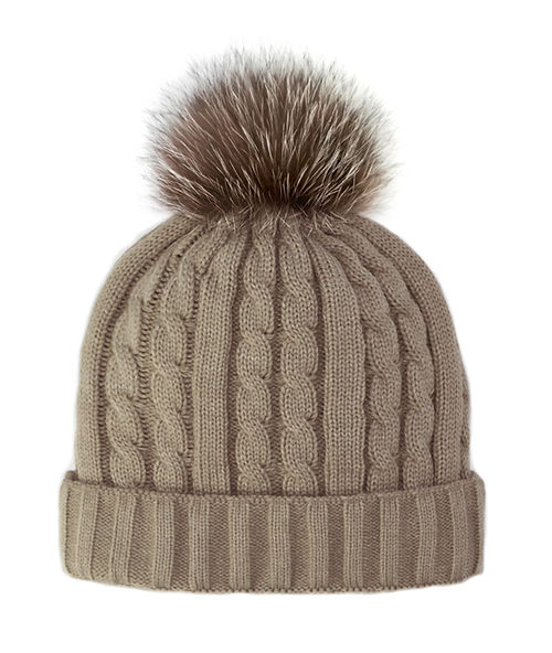 Mitchies Matchings Cable Knit Beanie w/ Fleece Lining & Pom Taupe / Crystal Fox Pom