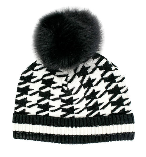 Mitchies Matchings Knit Houndstooth Beanie w/ Pom Black