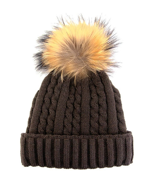 Mitchies Matchings Cable Knit Beanie w/ Fleece Lining & Pom Brown / Finn Raccoon Pom