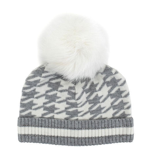Mitchies Matchings Knit Houndstooth Beanie w/ Pom Grey