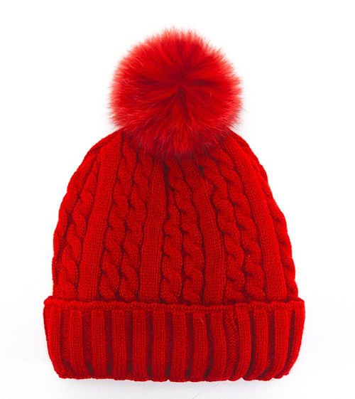 Mitchies Matchings Cable Knit Beanie w/ Fleece Lining & Pom Red / Dyed Red Fox Pom