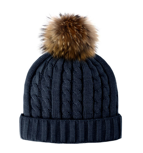 Mitchies Matchings Cable Knit Beanie w/ Fleece Lining & Pom Navy / Finn Raccoon Pom