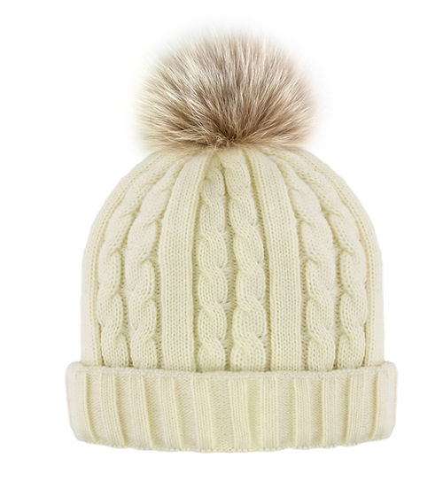 Mitchies Matchings Cable Knit Beanie w/ Fleece Lining & Pom Ivory / Blush Fox Pom