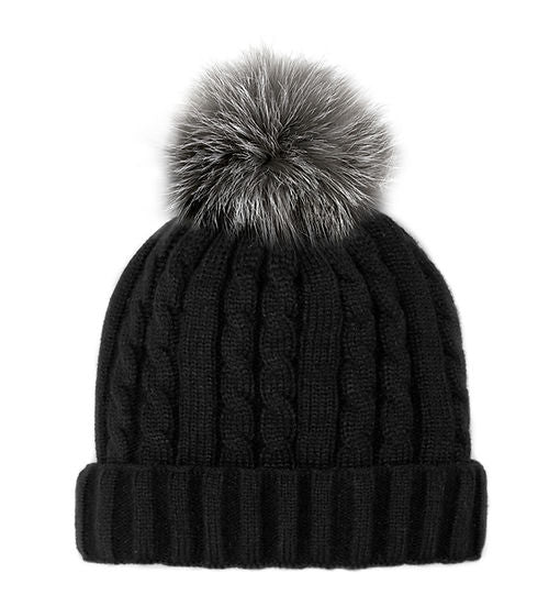 Mitchies Matchings Cable Knit Beanie w/ Fleece Lining & Pom Black / Indigo Fox Pom