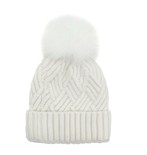 Mitchies Matchings Knitted Hat w/ Fox Pom White