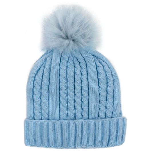 Mitchies Matchings Cable Knit Beanie w/ Fleece Lining & Pom Baby Blue / Baby Blue Fox Pom
