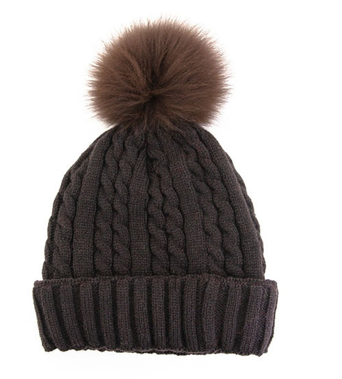 Mitchies Matchings Cable Knit Beanie w/ Fleece Lining & Pom Brown / Brown Fox Pom