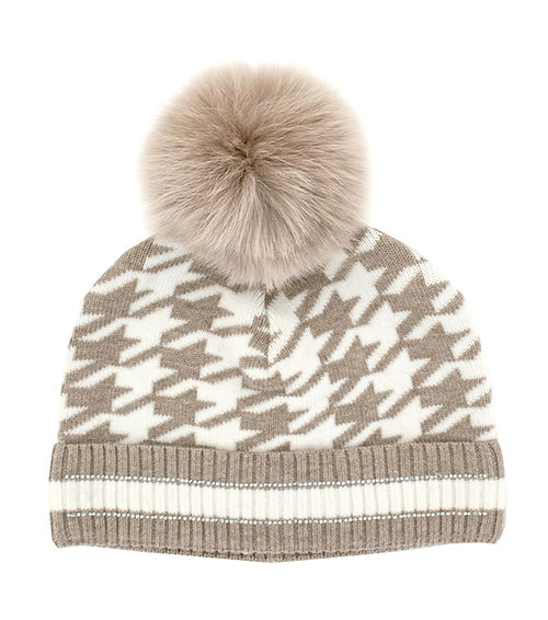 Mitchies Matchings Knit Houndstooth Beanie w/ Pom Camel