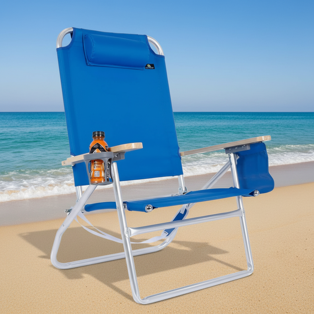 Blue folding beach chair with a bottle holder on a white background