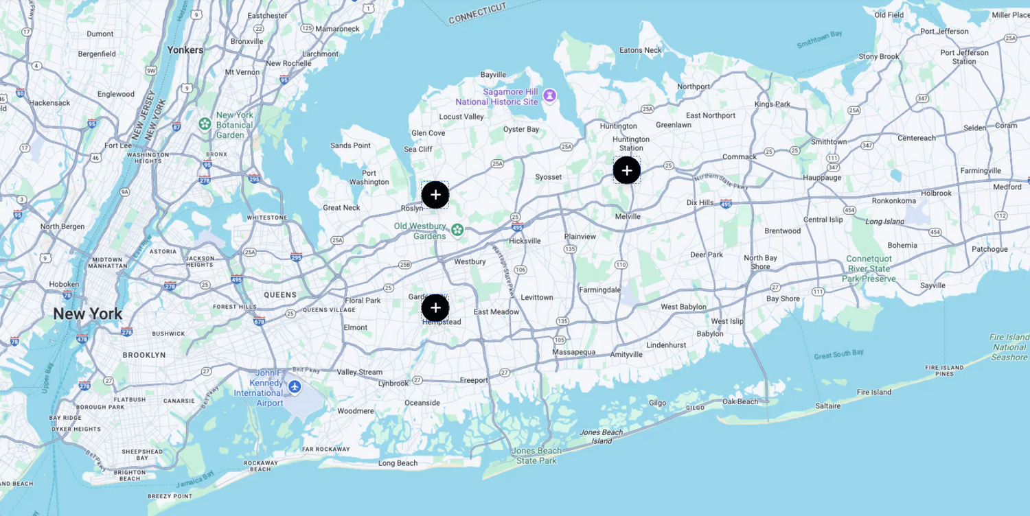 Map of Long Island with labeled locations