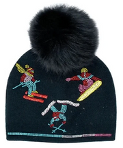 Mitchies Matchings Beanie with Crystal Skiers & Faux Fur Pompom