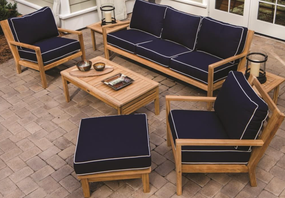 Royal Teak Coastal Deep Seating 6-Piece Set Sunbrella Canvas Navy w/ White Piping