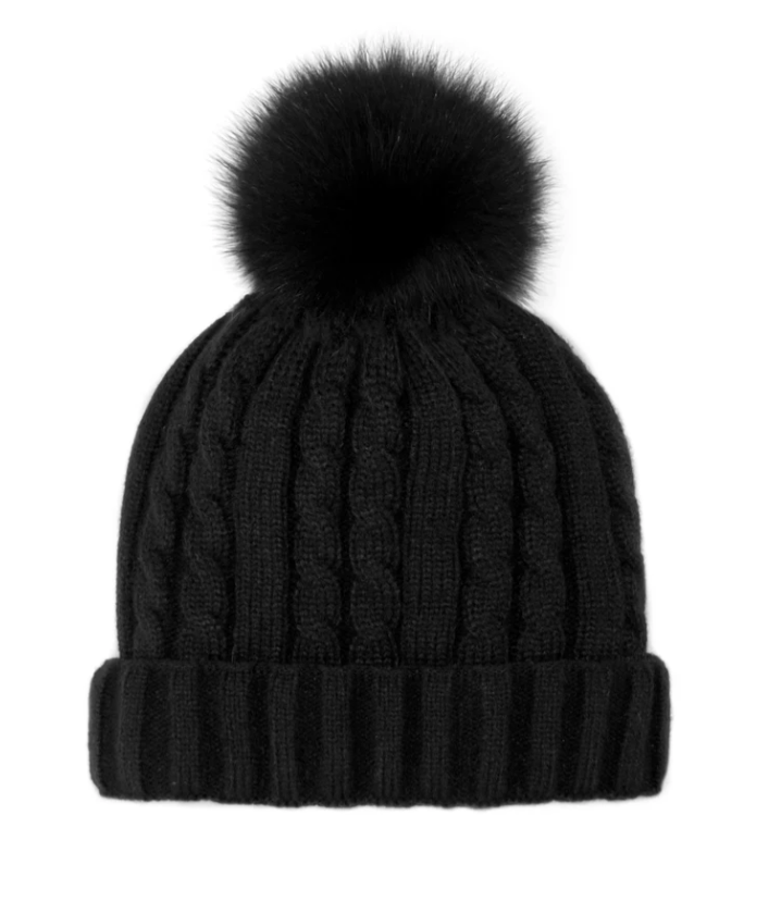 Mitchies Matchings Cable Knit Beanie with Fleece Lining and Faux Fur Pom Black / Black