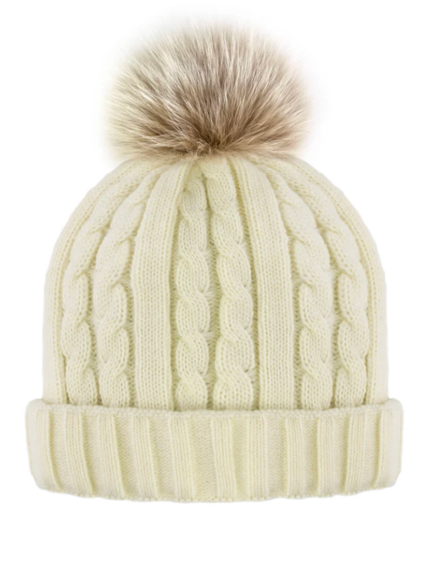 Mitchies Matchings Cable Knit Beanie with Fleece Lining and Faux Fur Pom Ivory / Finn