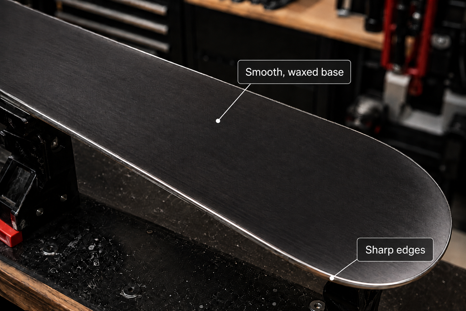 Base of the same ski after a Sno-Haus Full Tune — fresh structure, hot wax, hand-sharpened edges