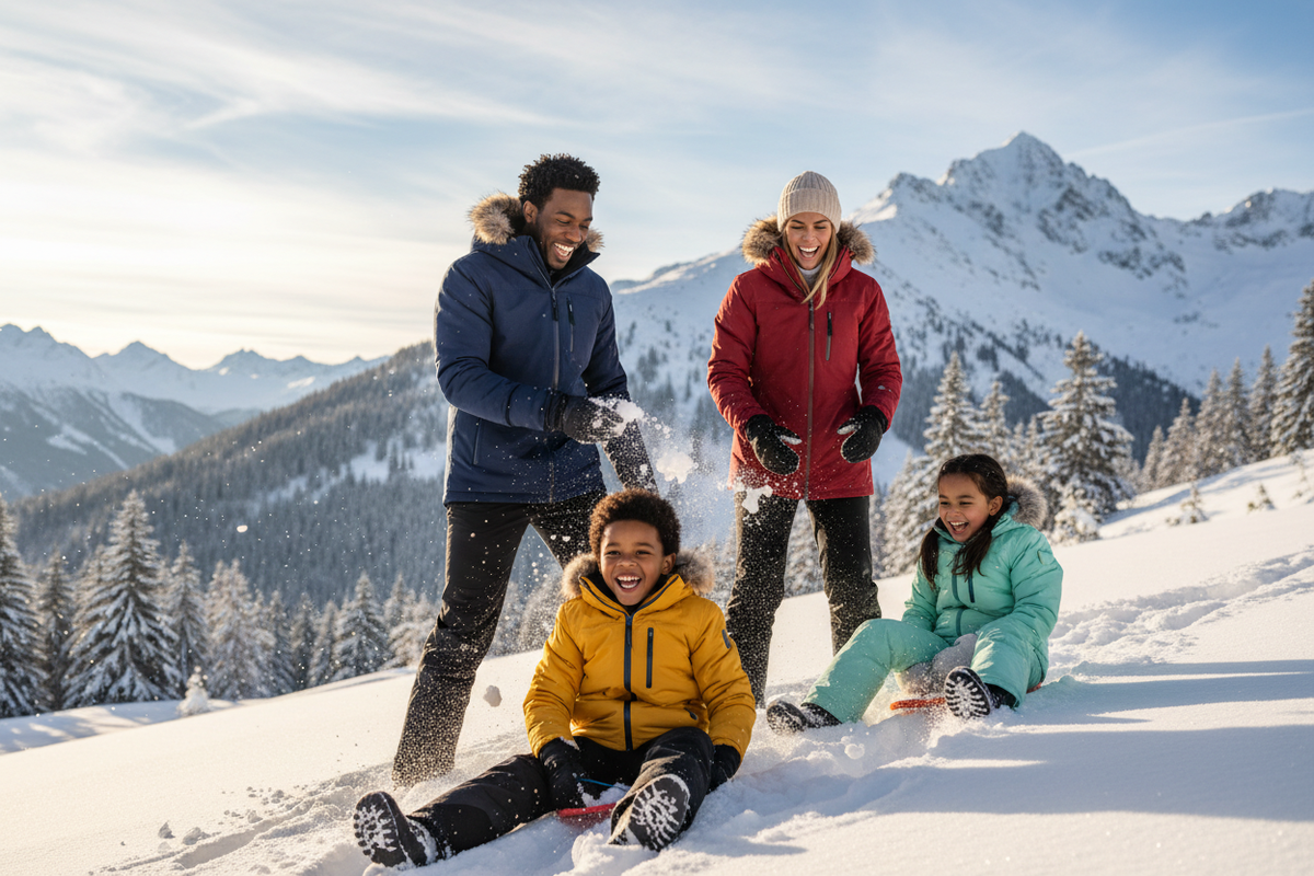 Men, women, and kids in winter jackets