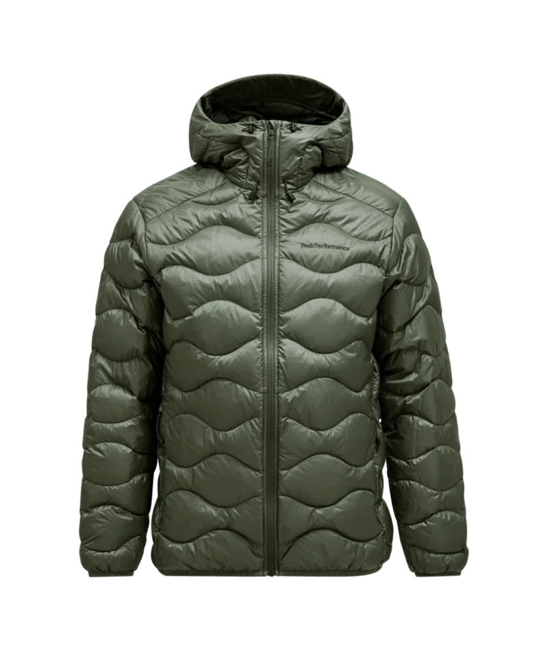 Peak Performance Helium Down Hood Jacket Men in Pine Needle, front view
