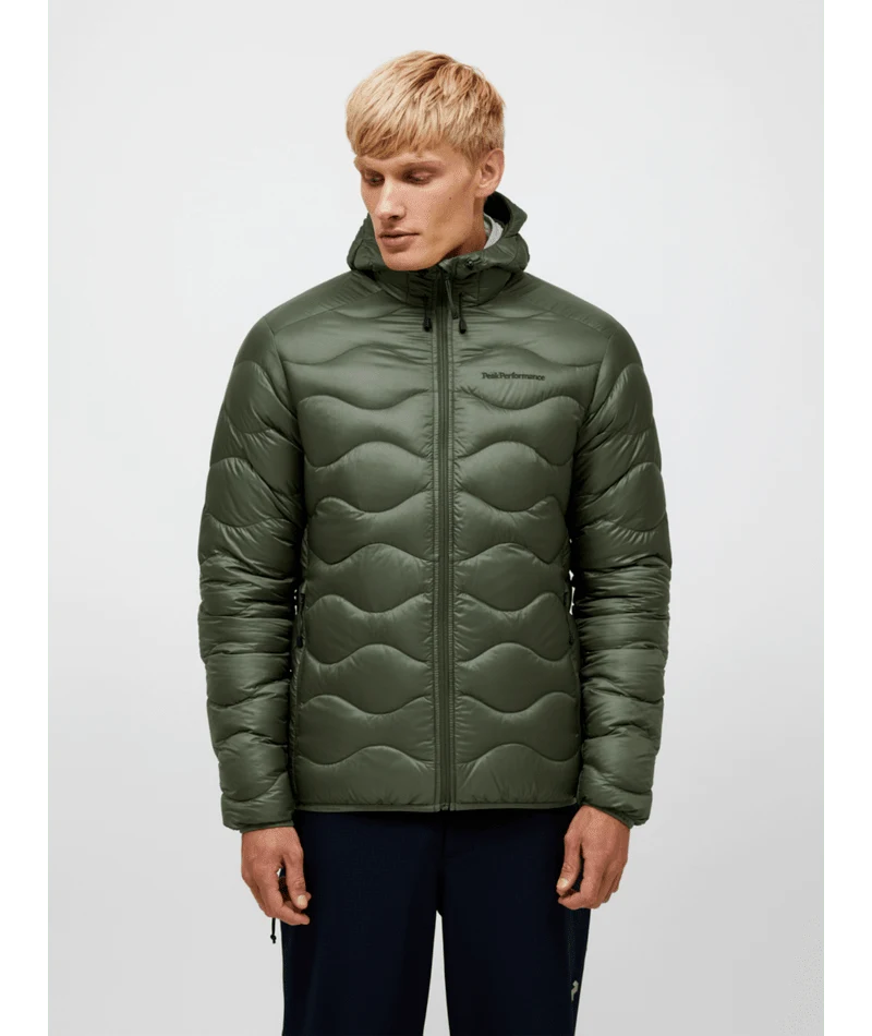 Peak Performance Helium Down Hood Jacket Men in Pine Needle, on-model front view