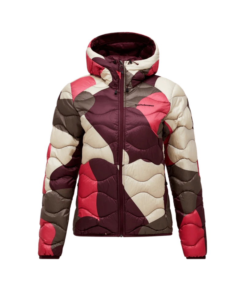 Peak Performance Helium Aop Down Hood Jacket Women in 331 Snowbank, front view