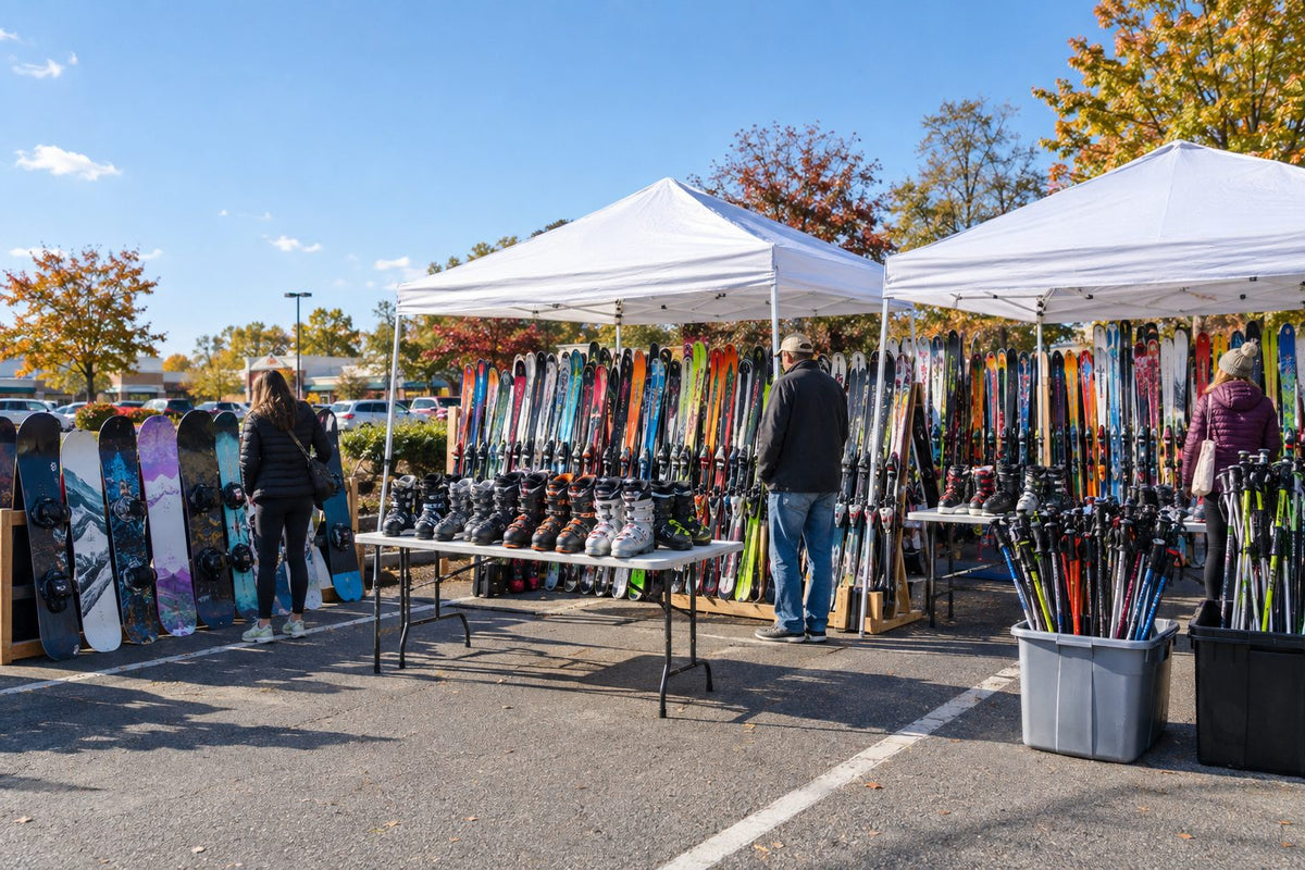 Ski swap tent sale with racks of skis, snowboards, boots and poles