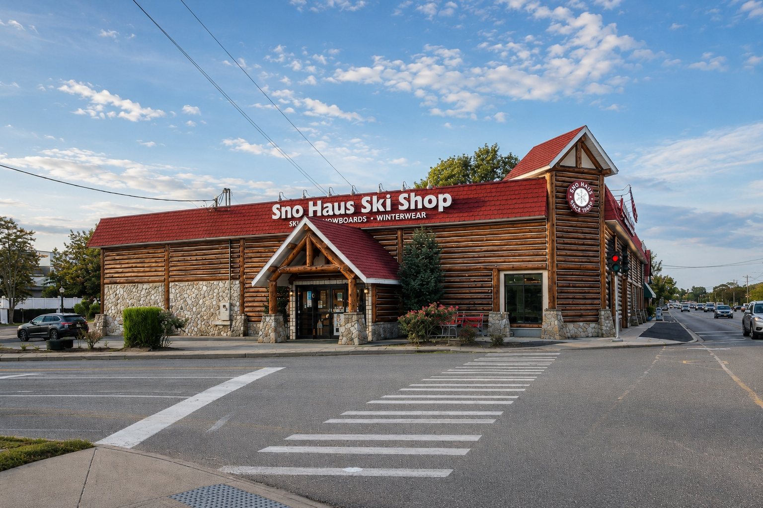Sno Haus Ski Shop storefront in Huntington Station with red roof and log exterior