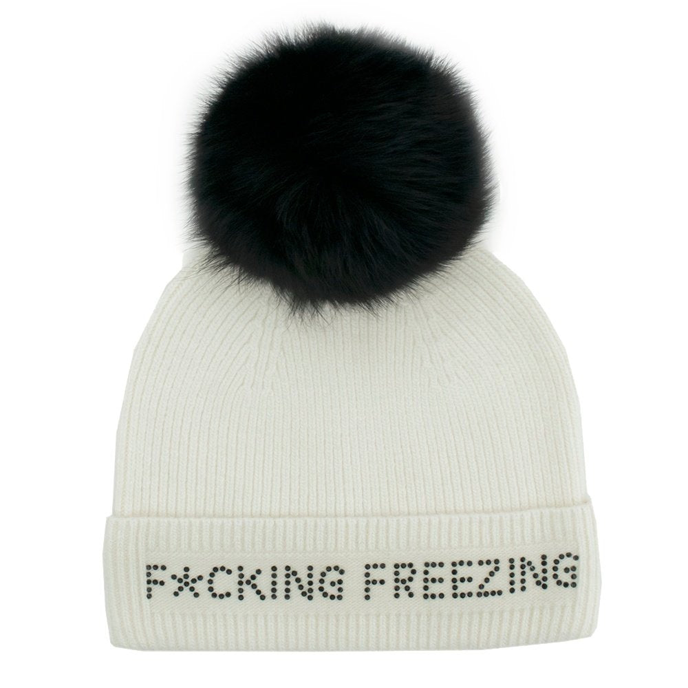 Mitchies Matchings F*cking Freezing Knitted Hat w/ Pom White / Fox Pom Pom