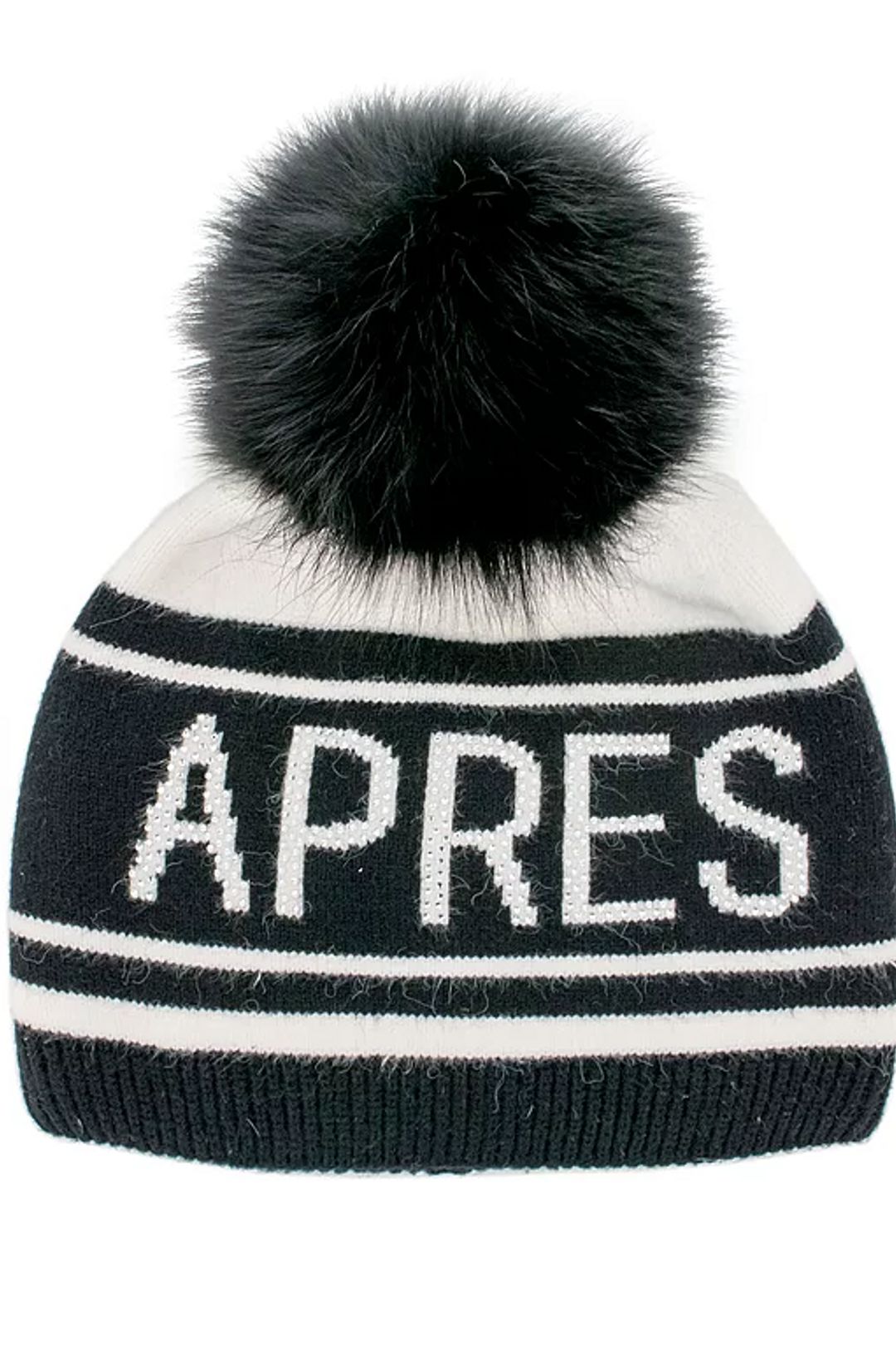 Mitchies Matchings Apres Ski Knitted Hat w/ Pom Black & White / Black Fox Pom Pom