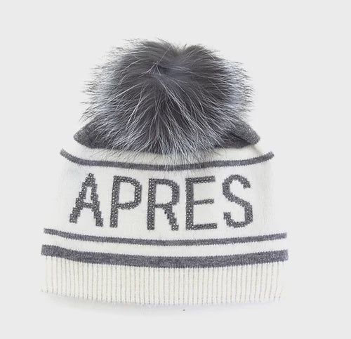 Mitchies Matchings Apres Ski Knitted Hat w/ Pom White & Grey / Fox Pom Pom